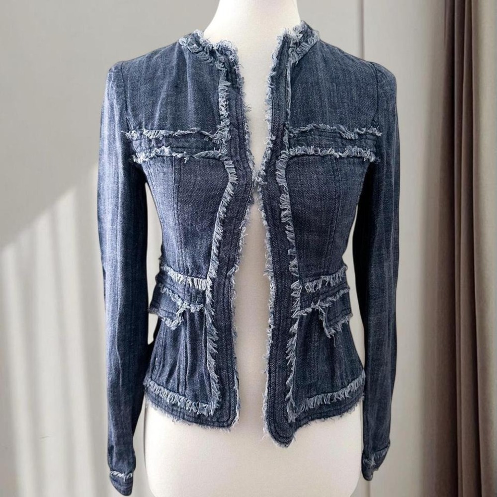 100% Linen Denim Style Jacket Frayed Trim Blue Jean‎ Blazer by Dual View Japan